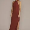 Stretch Crepe Halter Sheath Dress With Side Slit 2 Stretch Crepe Halter Sheath Dress With Side Slit -Blissful Brides Shop D21NY22404 CINNAMON PARTY PROD2 034