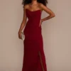 Strapless Draped Crepe Sheath With Slit -Blissful Brides Shop D21NY22513 MERLOT PRTY PROD6 004