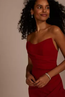 Strapless Draped Crepe Sheath With Slit -Blissful Brides Shop D21NY22513 MERLOT PRTY PROD6 107