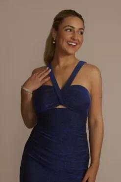 Metallic Halter Sheath Dress With Bodice Cutout -Blissful Brides Shop D21NY22516 ROYAL PRTY PROD7 067