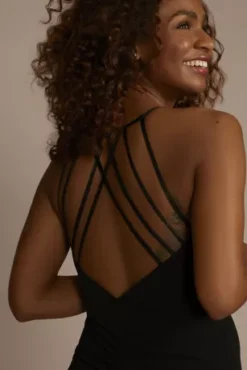 Strappy Back Crepe Sheath Dress With Slit -Blissful Brides Shop D21NY22517 BLACK PRTY PROD7 1219