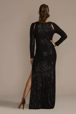 Long Sleeve Allover Sequin Sheath With Cutouts -Blissful Brides Shop D21NY22699 BLACK PRTY PROD9 381