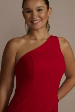 One-Shoulder Crepe Sheath With Slit -Blissful Brides Shop D21NY23191V2 POPPY PRTY PROD10 1356