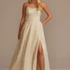 Spaghetti Strap Glitter Shine Gown With Slit -Blissful Brides Shop D24NY013 GOLD PROM PROD8 229
