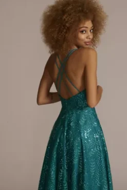 Square Neck Floral Leaf Patterned Sequin A-line -Blissful Brides Shop D24NY22014V3 PEACOCK PROM PROD12 144