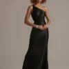 One-Shoulder Satin Sheath With Skirt Slit -Blissful Brides Shop D24NY22022 BLACK PROM PROD12 0066