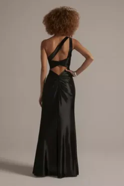 One-Shoulder Satin Sheath With Skirt Slit -Blissful Brides Shop D24NY22022 BLACK PROM PROD12 0116