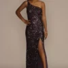One-Shoulder Shimmer Sequin Floor Length Gown -Blissful Brides Shop D24NY22034 PURPLE PRM PROD11 012