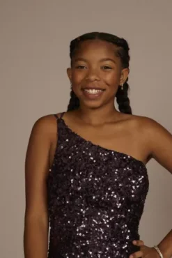 One-Shoulder Shimmer Sequin Floor Length Gown 8 One-Shoulder Shimmer Sequin Floor Length Gown -Blissful Brides Shop D24NY22034 PURPLE PRM PROD11 062