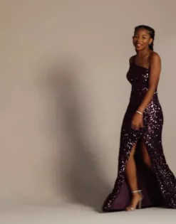 One-Shoulder Shimmer Sequin Floor Length Gown 9 One-Shoulder Shimmer Sequin Floor Length Gown -Blissful Brides Shop D24NY22034 Purple 2