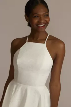 Floral Jacquard Halter Mini A-Line Dress -Blissful Brides Shop D24NY22095V1 WHITE PARTY PROD2 087