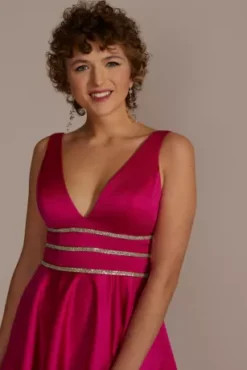 Embellished Waist Plunge Neck Mini A-Line Dress 9 Embellished Waist Plunge Neck Mini A-Line Dress -Blissful Brides Shop D24NY22122 BEGONIA PARTY PROD2 3290