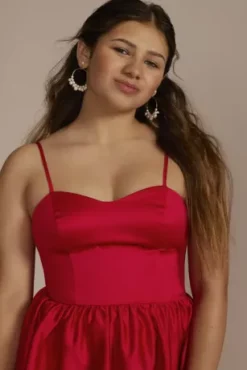 Sweetheart Satin Bubble Hem Mini A-Line Dress -Blissful Brides Shop D24NY22486 SCARLET HC PROD6 143