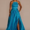 Embellished High Neck Satin Ball Gown With Slit -Blissful Brides Shop D24NY22601 AZURE PRM PROD9 007