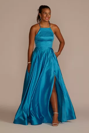 Embellished High Neck Satin Ball Gown With Slit 3 Embellished High Neck Satin Ball Gown With Slit