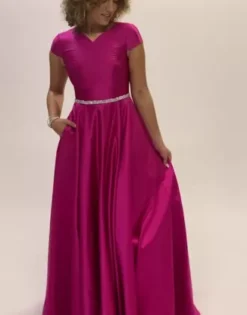 Cap Sleeve Satin Ball Gown With Embellished Waist -Blissful Brides Shop D24NY22621 PDP