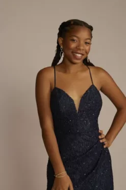 Glitter Illusion Lace A-line Dress With Pockets 8 Glitter Illusion Lace A-line Dress With Pockets -Blissful Brides Shop D24NY22622 NAVY PRM PROD11 048