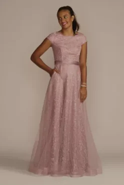 Cap Sleeve Glitter Floral Tulle A-Line