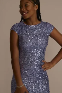 Cap Sleeve Allover Sequin Sheath Dress -Blissful Brides Shop D24NY22653 WISTERIA PROD9 PRM 0322