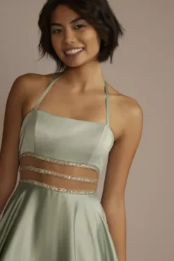 Charmeuse Halter A-line With Beaded Illusion Waist -Blissful Brides Shop D24NY23001 DUSTYSAGE PRM PROD9 2349