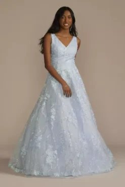 Long V-Neck 3D Floral Ball Gown