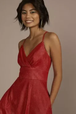 Surplice Iridescent Metallic A-Line With Pockets -Blissful Brides Shop D24NY23050V2 RED PRM PROD9 1321