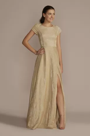 Glitter Metallic High Neck Cap Sleeve A-Line 3 Glitter Metallic High Neck Cap Sleeve A-Line