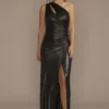 One Shoulder Cutout Textured Metallic Sheath Dress -Blissful Brides Shop D28NY22280V3 CHARCOAL PRTY PROD2 013