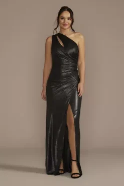 One Shoulder Cutout Textured Metallic Sheath Dress