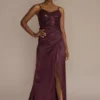 Embellished Illusion Corset With Draped Skirt 1 Embellished Illusion Corset With Draped Skirt -Blissful Brides Shop D28NY22365 WINE PRTY PROD7 1638