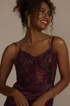 Embellished Illusion Corset With Draped Skirt -Blissful Brides Shop D28NY22365 WINE PRTY PROD7 1695