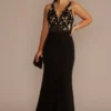 Embellished Crepe Plunge Mermaid Dress -Blissful Brides Shop D28NY22557 BLACKNUDE PRTY PROD10 1686