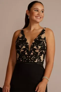 Embellished Crepe Plunge Mermaid Dress -Blissful Brides Shop D28NY22557 BLACKNUDE PRTY PROD10 1735