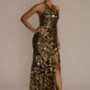 Floral Sequined Halter Sheath Dress -Blissful Brides Shop D28NY22566 GOLD PRTY PROD7 2414