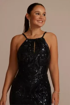 High Neck Keyhole Patterned Sequin Sheath -Blissful Brides Shop D28NY23219V1 NAVY PRTY PROD10 1866