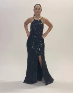 High Neck Keyhole Patterned Sequin Sheath -Blissful Brides Shop D28NY23219V1 PDP