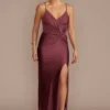 Twist Front Stretch Satin Sheath Dress With Slit -Blissful Brides Shop D28NY23306 ROSEWOOD PRTY PROD3 021