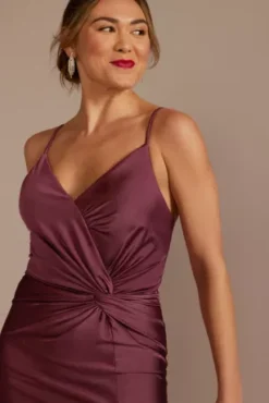 Twist Front Stretch Satin Sheath Dress With Slit -Blissful Brides Shop D28NY23306 ROSEWOOD PRTY PROD3 087