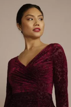 Flocked Velvet Ruched Dress 7 Flocked Velvet Ruched Dress -Blissful Brides Shop D39NY2115V2 BORDEAUX PRTY PROD6 047