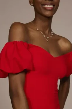 Off-the-Shoulder Puff Sleeve Midi Dress -Blissful Brides Shop D39NY22326 POPPY PRTY PROD3 074