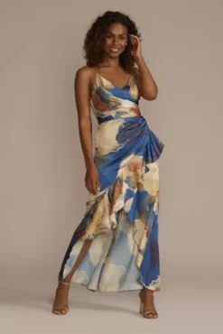 Abstract Floral Charmeuse Ruffle Dress