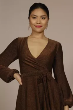 Long Sleeve Glitter Metallic Wrap Dress -Blissful Brides Shop D39NY22536 COPPER PRTY PROD6 087