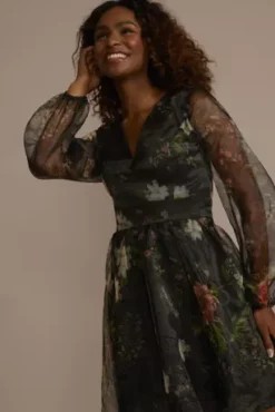 Long Sleeve Floral Organza A-Line Dress -Blissful Brides Shop D39NY22543 BLKMULTI PRTY PROD7 936