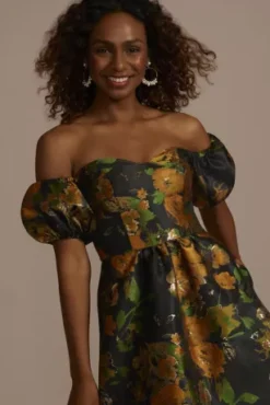 Brocade Off-the-Shoulder Puff Sleeve A-Line -Blissful Brides Shop D39NY22550 MULTI PRTY PROD7 799