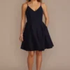 Short Stretch Crepe Spaghetti Strap A-Line Dress -Blissful Brides Shop D39NY23336 NAVY PRTY PROD3 27