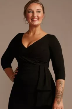 Knee Length Crepe Dress With Cascade -Blissful Brides Shop D40NY2102 BLACK MOB PROD7 548