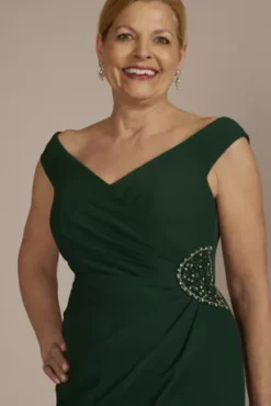 Crepe Off-the-Shoulder Sheath With Embellishment -Blissful Brides Shop D40NY2103 JUNIPER MOB PROD6 078