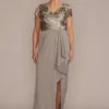 Embellished Satin Short Sleeve Gown With Ruffle 1 Embellished Satin Short Sleeve Gown With Ruffle -Blissful Brides Shop D40NY22215 GREY MOB PROD2 013