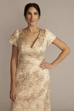 Short Sleeve V-Neck Jacquard Sheath Gown -Blissful Brides Shop D40NY22227 CHAMP MOB PROD2 073