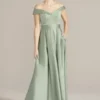 Off-the-Shoulder Pleated Satin A-Line -Blissful Brides Shop D40NY22242 DUSTYSAGE MOB PROD1 261
